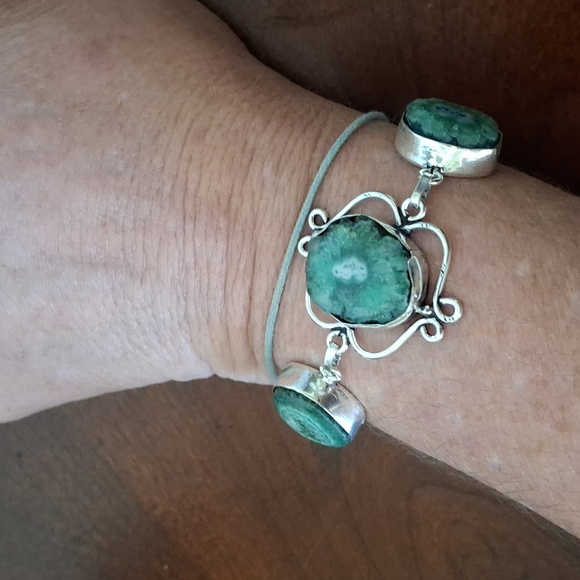 New Green Solar Slice Agate Geode 925 Silver Bracelet. - Picture 4 of 10